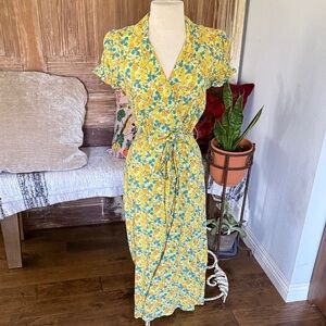 Urban Outfitters Yellow Floral Wrap Dress with Blue Accent - Women's